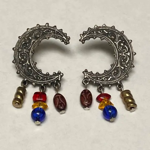 Crescent Legends Moon Shape Silver Tone Metal Pierced Post Earrings with Dangles