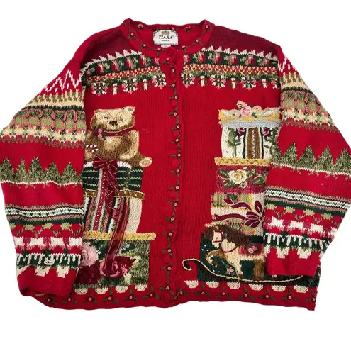 Vintage Tiara Red Cardigan Sweater 2000 Teddy Bear Fair Isle plus size 18/ 20