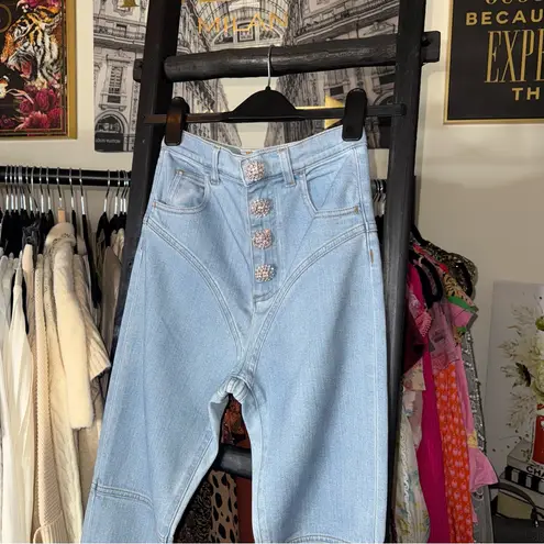 Alessandra Rich Crystal Button High Waist Stirrup Jeans Blue Size 25
