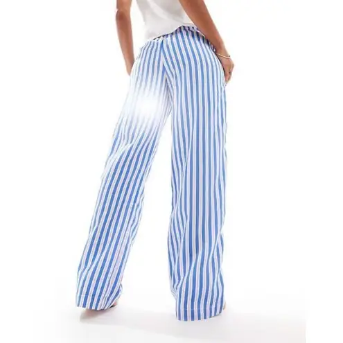 Bershka tie waist wide leg linen look trousers in blue & pink stripe Size M
