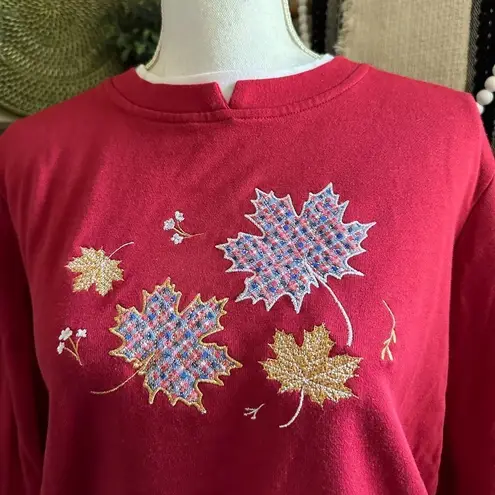 Vintage Adrian Delafield Fall Leaves Cottagecore Double Crewneck Sweatshirt Red Size L - Image 4