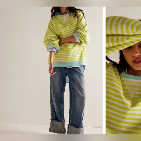 Free People NWOT  We the Free Classic Striped Oversized Crewneck - Lime Combo - L