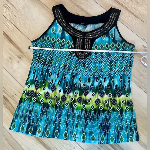 Notations  Womens Sleeveless Blue Green Top With Beading Around The Neck (15