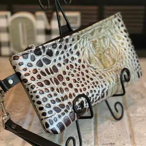 Gold, silver and deep bronze metallic crocodile print wristlet 10” x 6” approx