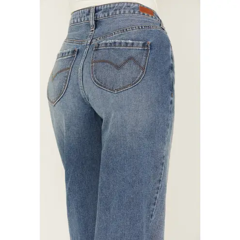 Cleo + Wolf High Rise Loose Fit Flare Leg Jeans Distressed Hem 28W x 32L Blue Size 28