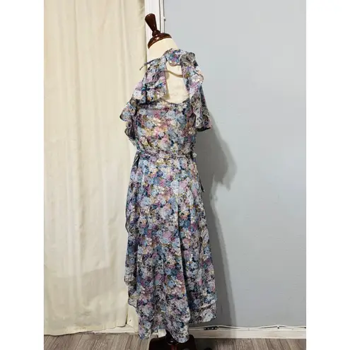 Garey Petites California Floral Wrap Midi Dress Ruffle V Neck Tie Waist Size S Purple