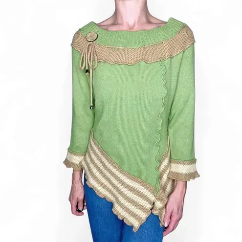 Retro Green & Tan Button Asymmetrical Bohemian Sweater Size M