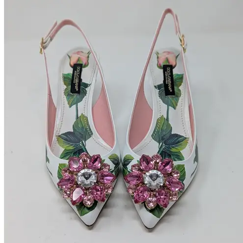 Dolce & Gabbana Jeweled Bellucci Floral Print Slingback Heels White and Pink 35