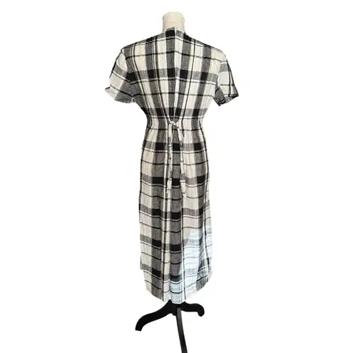 Petite Sophisticate Vintage Black & White Plaid Dress Short Sleeve Midi Cotton Blend Back Tie Sz 14