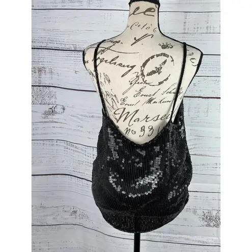 Megere Sequin Silk Tank Womens M Black Spaghetti Strap V Neck Beaded Hem Party Size M