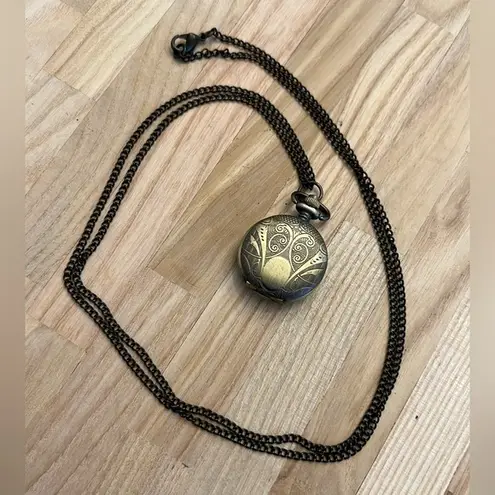 Small Body Gold Tone Pocket Watch and Link Chain Vintage Decorative Scroll Work