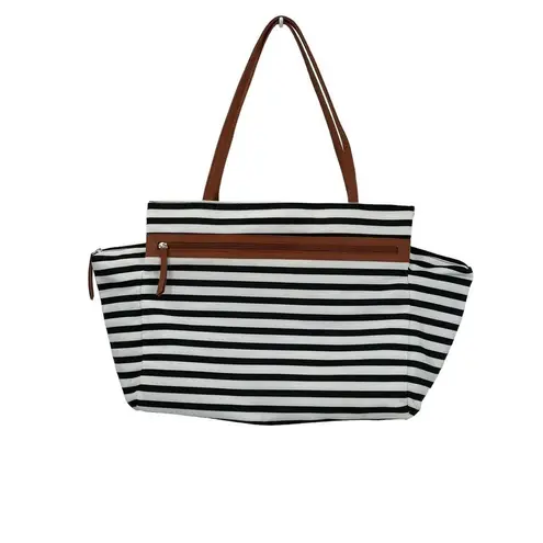 DSW Exclusive-Striped Overnighter Large Tote Bag Black White Canvas Strap Pocket