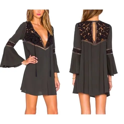 Cleobella Lili Bohemian Hippie Bell Sleeve DeepV Mini Dress in Gunmetal Gray S