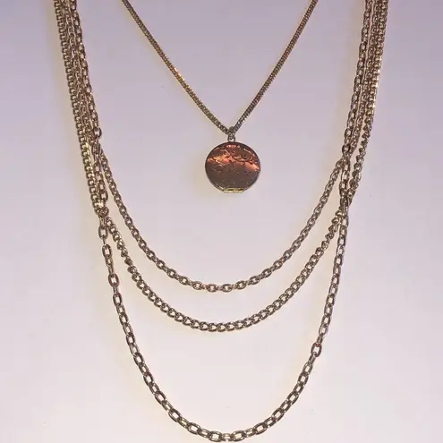 Elegant Vintage Gold Tone Layered Chain With Locket Pendant Necklace