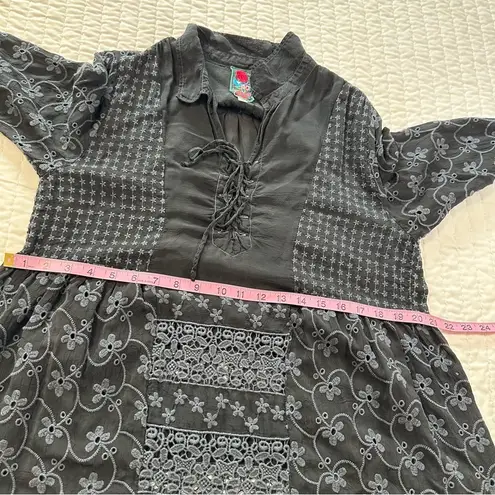 Johnny Was Eyelet Long Sleeve Black and Gray Embroidered Lace up Top /Dress