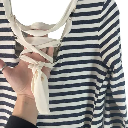 A Byer A. Byer Women's Size XL Nautical Striped Ribbon Tie Back V Neck Tunic Sweater