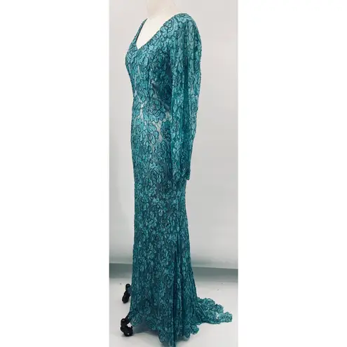 Vintage Floral Beaded Gown Long Sleeve V Neck All Over Rose Beading Turquoise 4 Blue