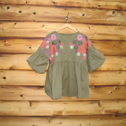 Army Green Boho Embroidered Oversize Top Green Size M