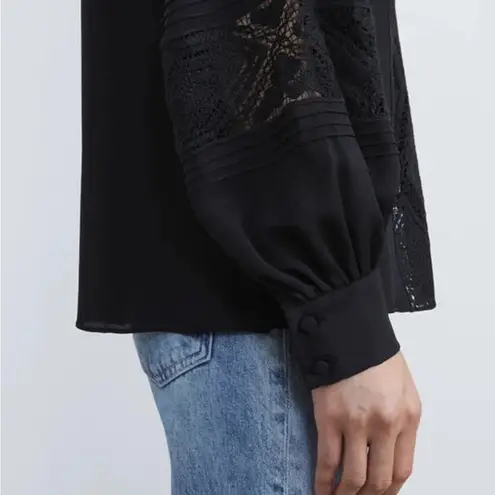 Lafayette 148 New York Boheme Lace Inset Silk Blouse Top Button Front Small