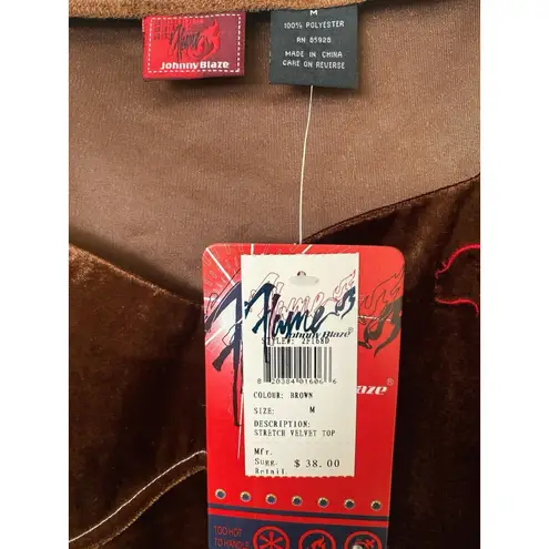Women's Johnny Blaze Flames Vintage Dead Stock Stretch Velour Crop Top Brown Med