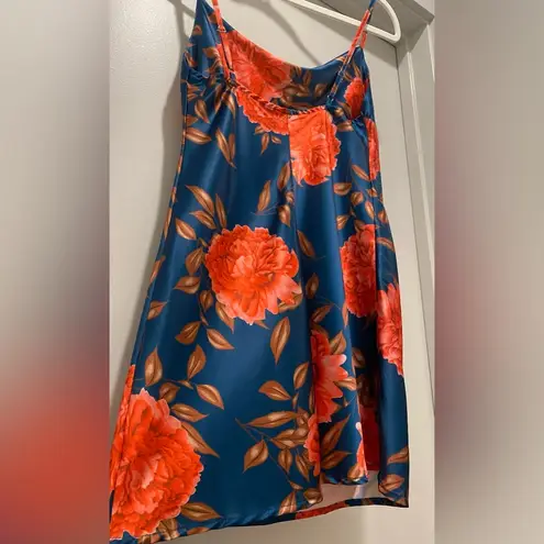 Cantonwalker Navy & Red Floral Cowl Neck Sleeveless Satin Slip Mini Dress