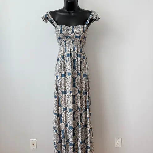 Tiare Hawaii Blue Floral Smocked Maxi Dress One Size NWOT