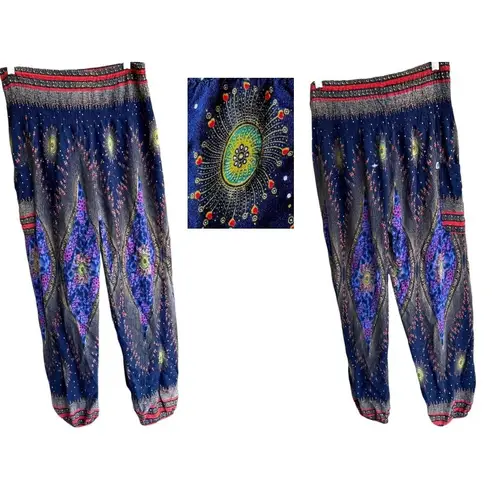 Harem Pants One Size Navy Multicolors Cosmic Stretch Waist Yoga Exercise READ Blue - Image 5