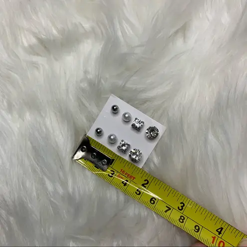 4 Pairs Silver Faux Diamond/Pearl Stud Earrings