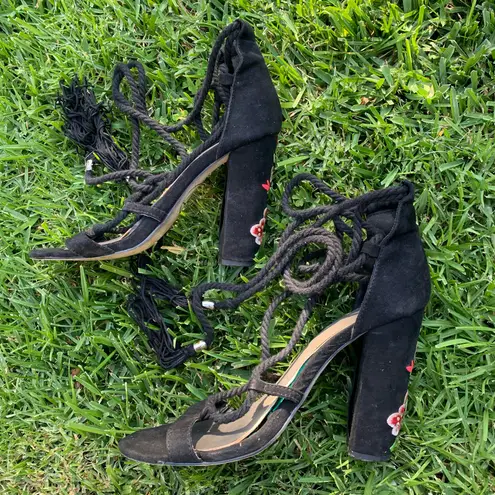 Missguided Black Embroidered Lace Up Block Heels