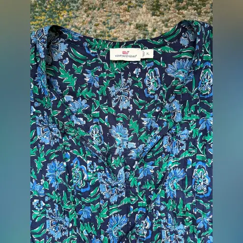 Vineyard Vines  blue garden floral print tassel boho blouse, size XL