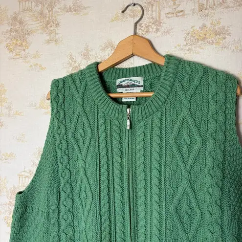 Vintage Aran Crafts Ireland green merino wool cable knit full zip sweater vest Size XXL