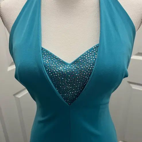 Cache  Halter Top Prom Formal Dress Short Front Long Back XS Teal w/ Rhinestones