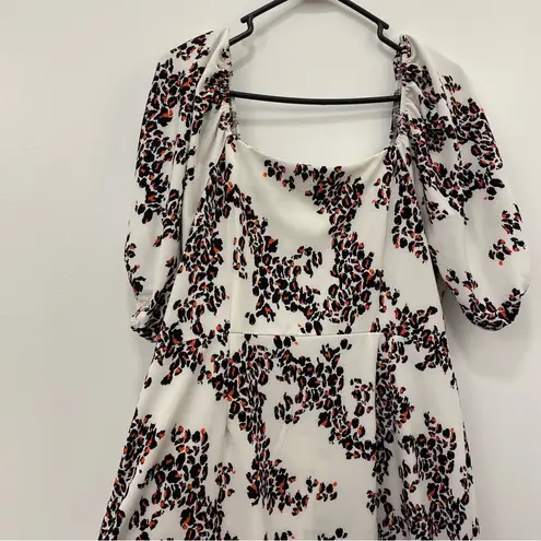 Ophelia Roe White button-up midi dress. red & black leopard print, puff sleeves, square neck