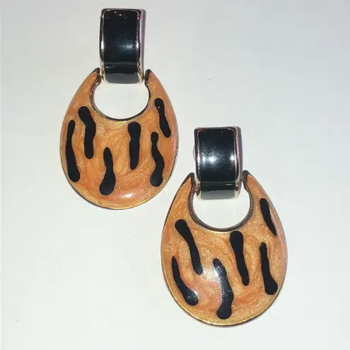 Vintage Orange and Black Enamel Retro Boho Door Knocker Hoop Earrings
