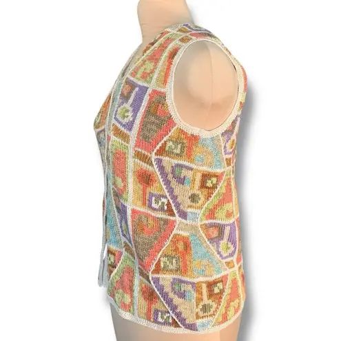 Peruvian Connection Pima Cotton Knit Sweater Vest Geometric Artsy Oatmeal Vneck