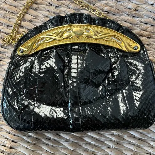 Vintage 80s, Black Snake Skin Shoulder clutch Bag Purse Gold Accents Crystals