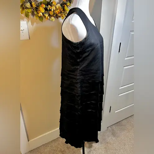 LINO USA 100% Linen Tiered Scalloped Ruffle Sleeveless Shift Midi Dress Sz L Black Size L