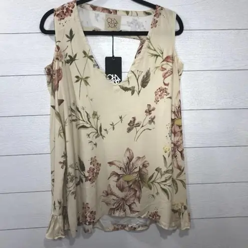 Chaser  Tan Floral Cold Shoulder Cut Out Top Size Medium