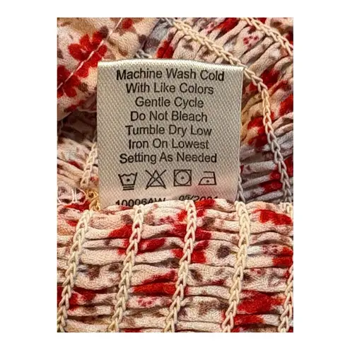 Atap Floral Smocked Tie Front Top Blouse Red White Short Sleeve Ruffle Size XL