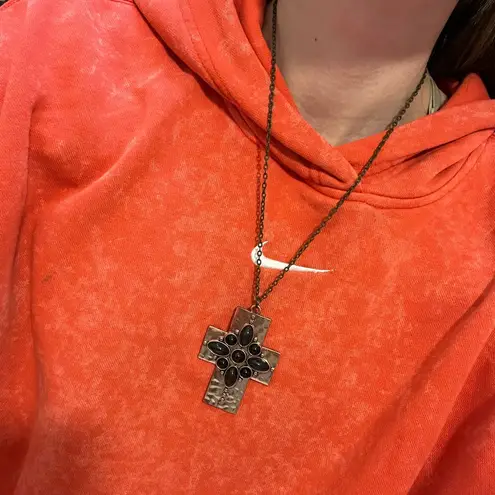 Large Hammered Texture Copper Cross w/Black Cabochons Pendant Necklace