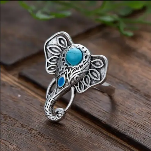 Bohemian Elephant Ring with Turquoise Accent Silver Plated Adjustable Open Band Silver