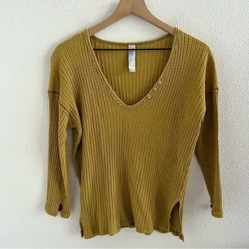 Free People  Beach Mustard Brown Green Knit Top Cotton Large