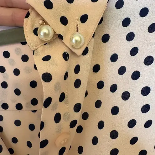 Karl Lagerfeld Light Pink & Black Polka Dot Blouse with Pearl Detail Collar | M