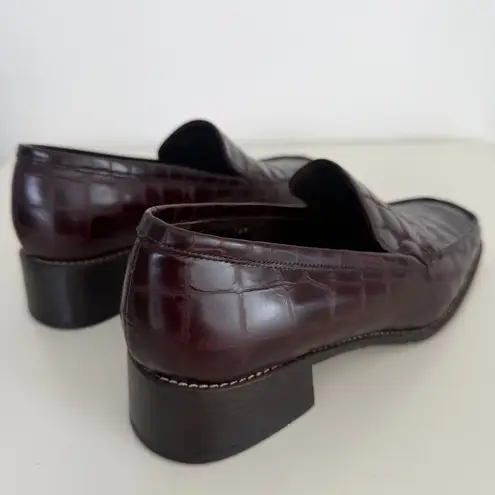 Vintage Nino Cerruti Loafers Womens 6 Croc Embossed Leather Square Toe Oxblood Black