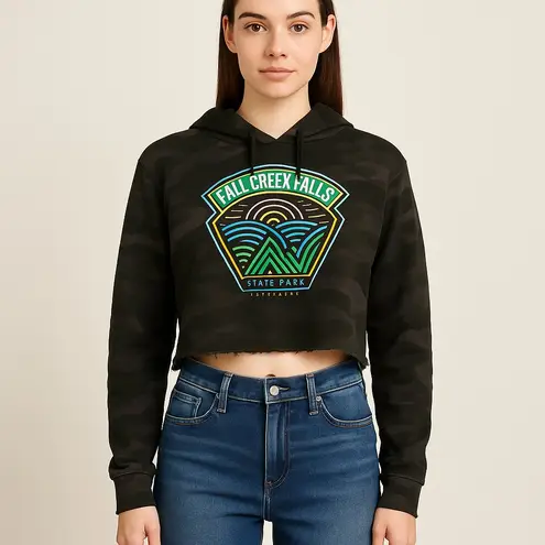 Fall Creek Falls State Park Camoflage Cropped Hoodie Sweatshirt Black Large Gray