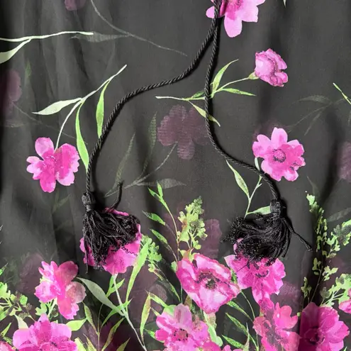 Dennis Basso Black Sheer Black Peasant Top with Floral Graphic + Tassels size M - Image 4