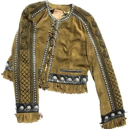 Double D Ranch Suede Violeta Rose Fringe Embroidered and studded jacket NWOT Size L