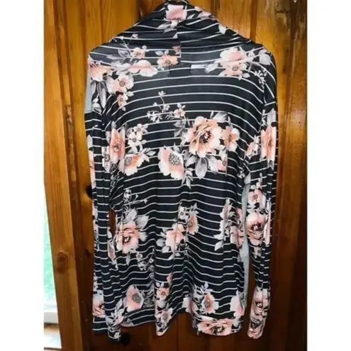 Floral Striped Cowl Neck Sweatshirt Gray Black Pink Long Sleeve Pullover Size L