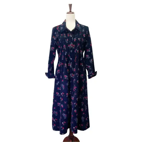 Vermont Country Store Pintuck Cotton Corduroy Dress Navy Blue Floral Size Medium