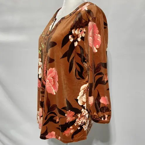 Denim & Co New D & Co Floral Print Velour Split Neck 3/4 Sleeve Top Tan Pink Size Medium